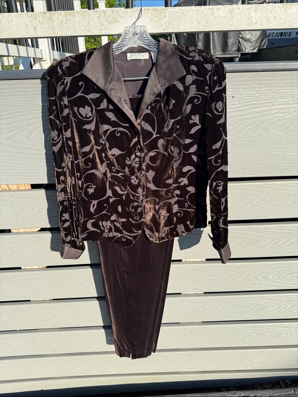 Dana Buchman Gorgeous Rich Brown Velvet Pantsuit with Burnout Floral Jacket/Top